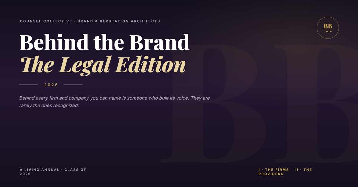 Behind the Brand: The Legal Edition 2026 announcement graphic from Counsel Collective