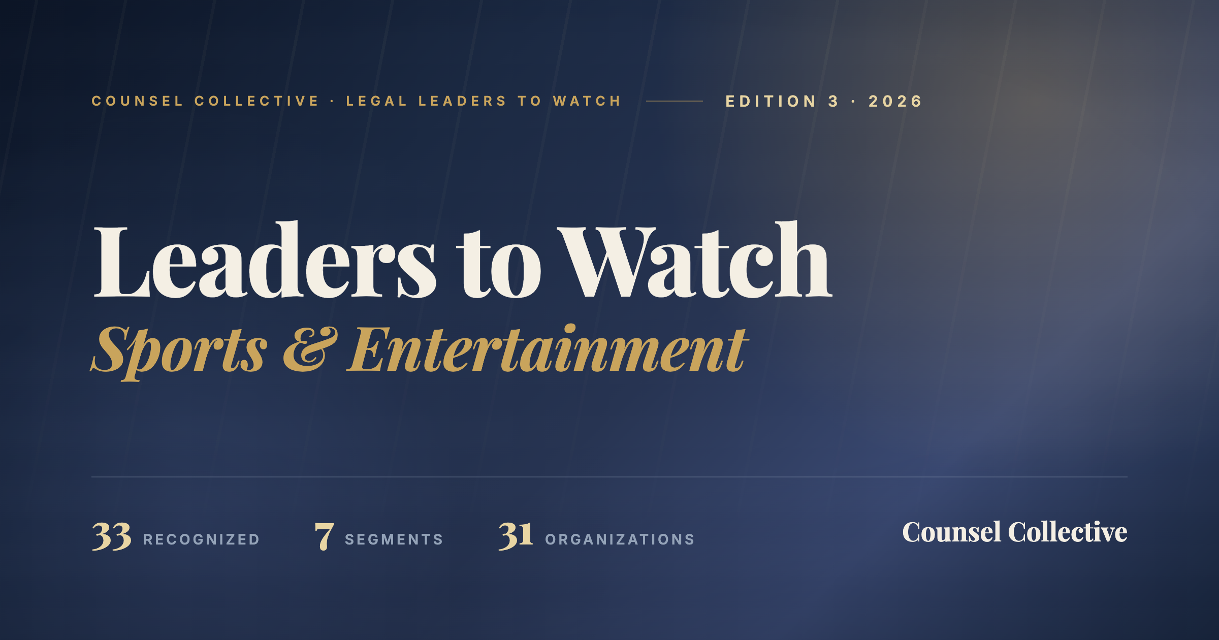 Counsel Collective Legal Leaders to Watch: Sports & Entertainment 2026. Thirty-three senior legal leaders across leagues, college athletics, teams, betting and gaming, venues, agencies and sports data.
