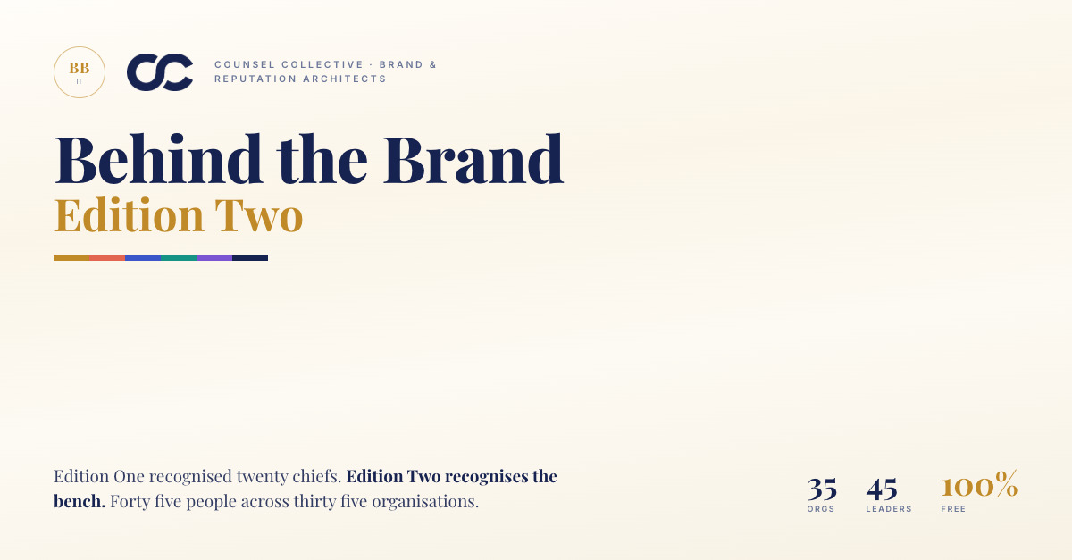 Behind the Brand, The Legal Edition 2026, Edition Two. Forty five people across thirty five organisations.