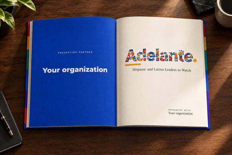 The Adelante book open to the presenting partner page, a cobalt page reading Your organization, facing the title page presented with Your organization