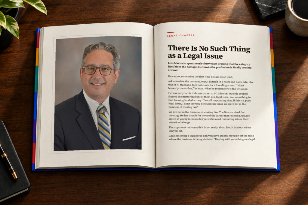 The Adelante book open to a leader’s page: Luis Machado’s portrait facing his feature, There Is No Such Thing as a Legal Issue