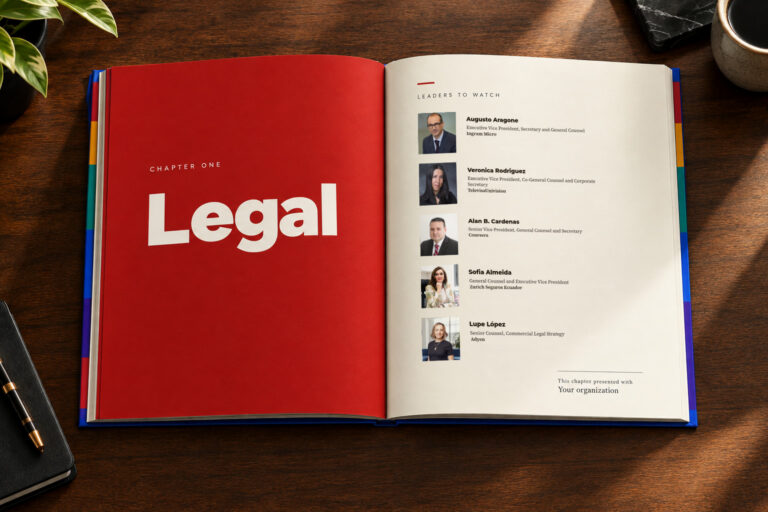 The Adelante book open to the Legal chapter: the red divider page facing a Leaders to Watch page with five recognized leaders, and the line This chapter presented with Your organization