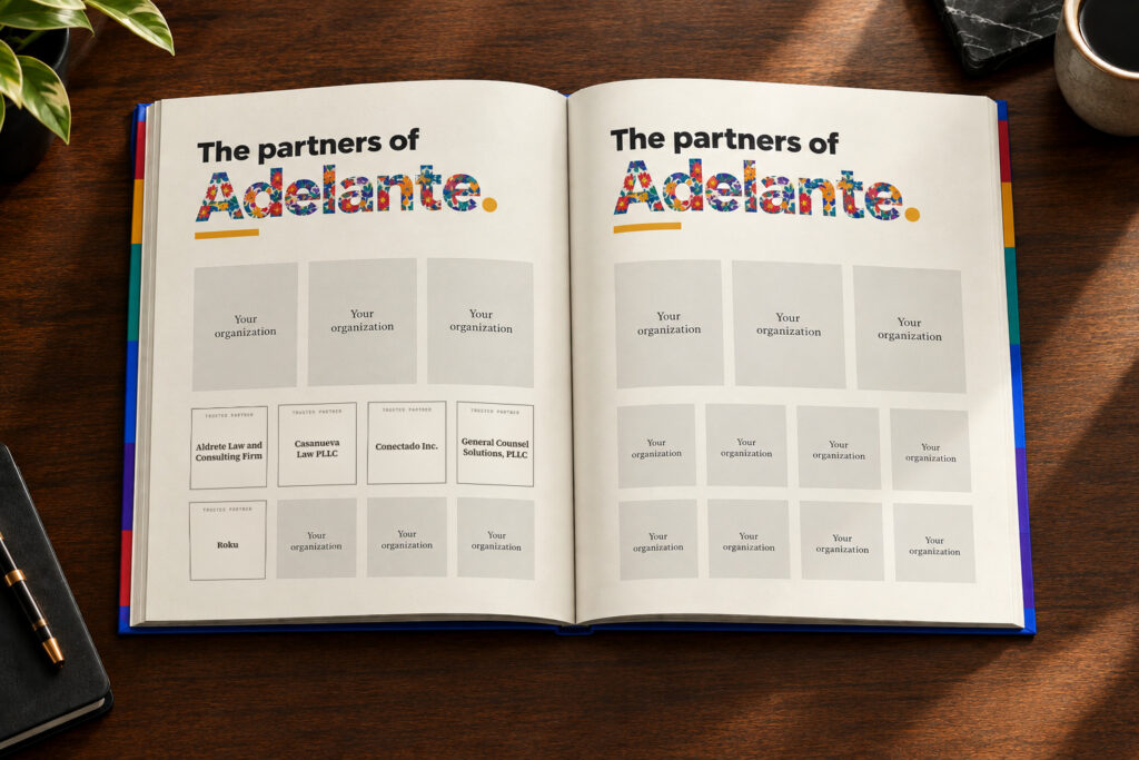 A close view of the Adelante partner pages: the heading The partners of Adelante, and open places reading Your organization