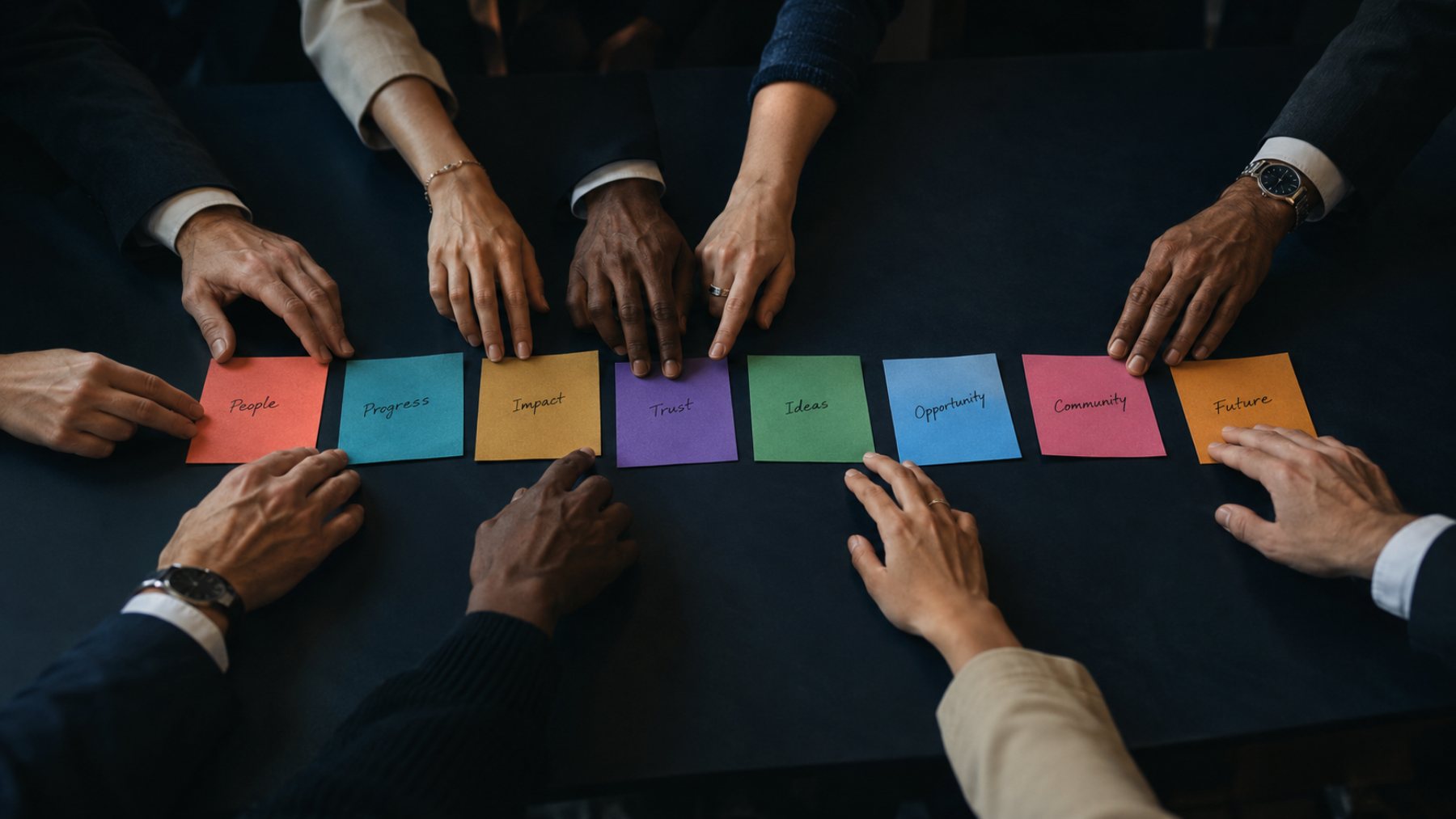 Hands reaching across a dark table toward eight colored cards laid in a row, each with a single handwritten word.